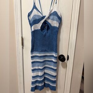 Crocheted Blue and White Striped Midi swim cover up/Dress